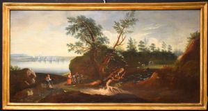 Paisagem lacustre com bosque e personagens.